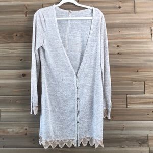 Free People Oatmeal Lace Trim Cardigan Size M